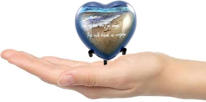 Footprints Heart Keepsake Urn - Footprints Mini Cremation Urn for Ashes - Miniature Beach Sharing Urns - Memorial Blue Beach Urn with Dispaly Stand, Premium Box & Velvet Bag (Heart Keepsake)