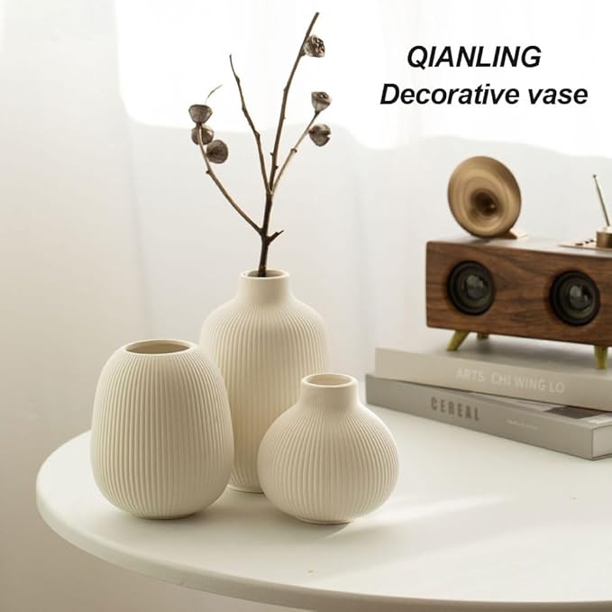 White Ceramic Vase Set of 3, Minimalist Decor, Home Decorative Vase,Modern Ribbed Vases, Vases for Kitchen, Bedroom, Office, Living Room, Bathroom, & Shelf Centerpiece Table Decorations