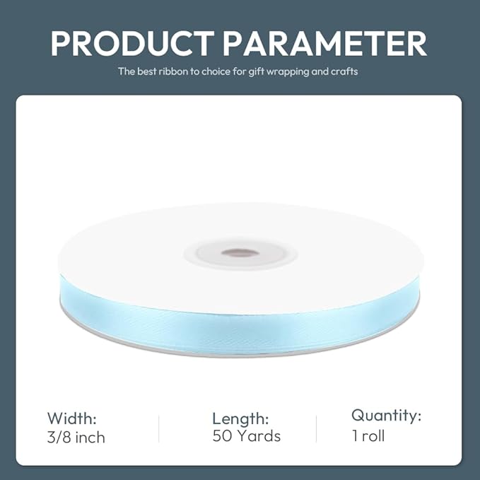 KMER LIFE 3/8" Wide x 50 Yards Baby Blue Polyester Satin Ribbon, Perfect for Wedding Decor, Crafts, Gift Wrapping & Other Projects