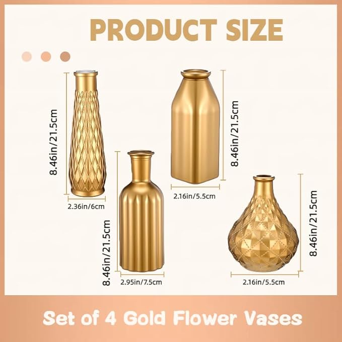 Set of 4 Gold Bud Vases - Small Gold Vases for Centerpieces, Elegant Glass Decorative Bud Vase for Wedding, Home, Table Decor with Vintage Golden Finish