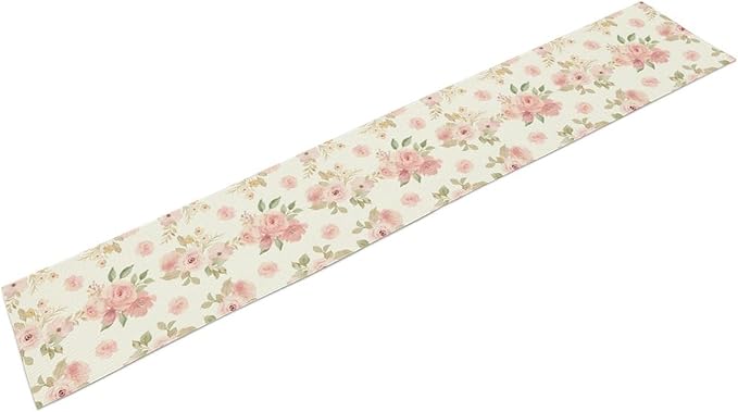 Vintage Rose Table Runner, Watercolor Romantic Pink Floral Blossoms Table Runner for Kitchen Dining Holiday Party Home Decor, 13x90 Inch