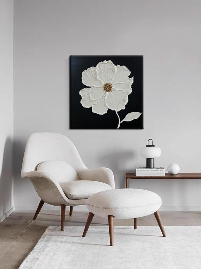 YaSheng Art - Thick Texture Flowers Abstract Oil Painting Hand-Painted Black and White Wall Art Minimalist modern Art Paintings Home Living room Room Dining Room Bedroom Wall Decorative Art Oil Painting 24x24inch