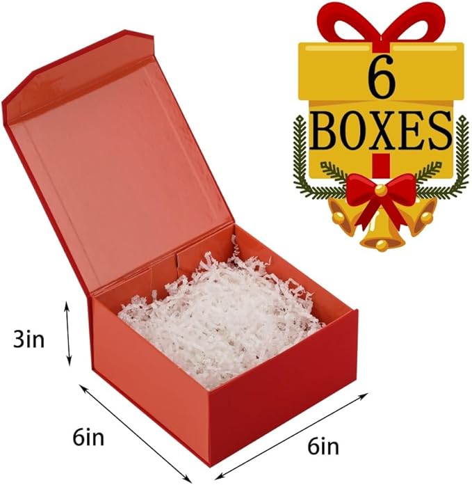 6 Pcs Small Red Gift Box 6x6x3 Inch Magnetic Box with Crinkle Paper Red Small Gift Box with Shredded Paper Luxury Gift Boxes with Lids for Presents