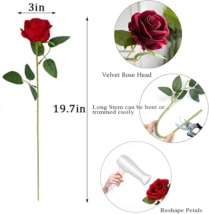 Artificial Roses 50 Pcs Velvet Silk Rose Real Touch Long Stem Fake Flowers in Bulk for Flower Arrangement Wedding Centerpieces Home Party Decor (Red)