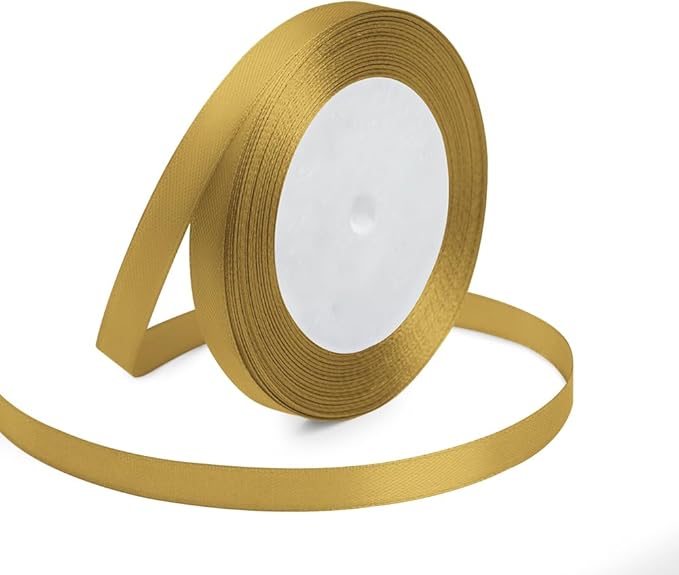 KMER LIFE 3/8 Inches x 25 Yards Golden Satin Ribbon Solid Fabric Ribbons for Crafts, Wedding Decor, DIY Hair Accessories, Sewing, Gift Package Wrapping, Valentine's Day Bouquet and More