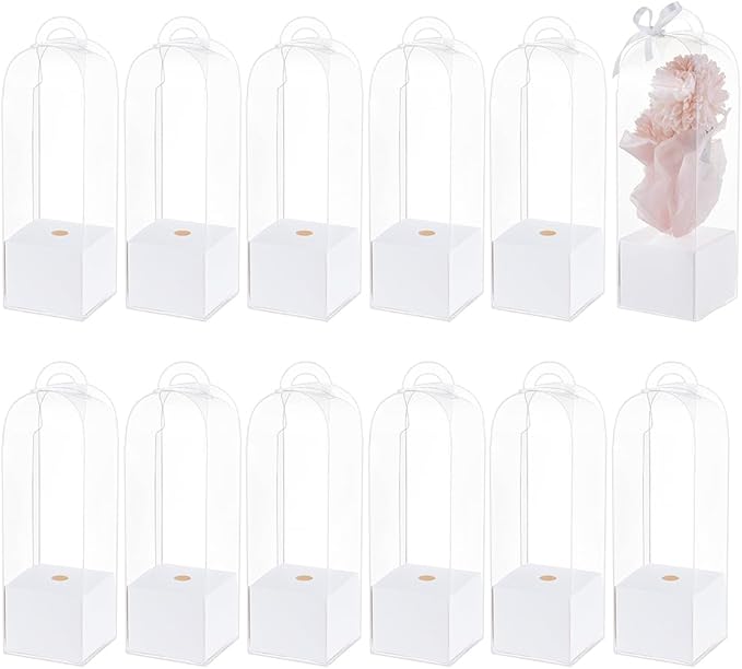 BENECREAT 12Pcs Single Rose Flower Box Empty Bag, Clear Flower Packing Boxes Flower Gift Boxes for Graduation Wedding Birthday Floral Gift Floral Arrangement Supply, White