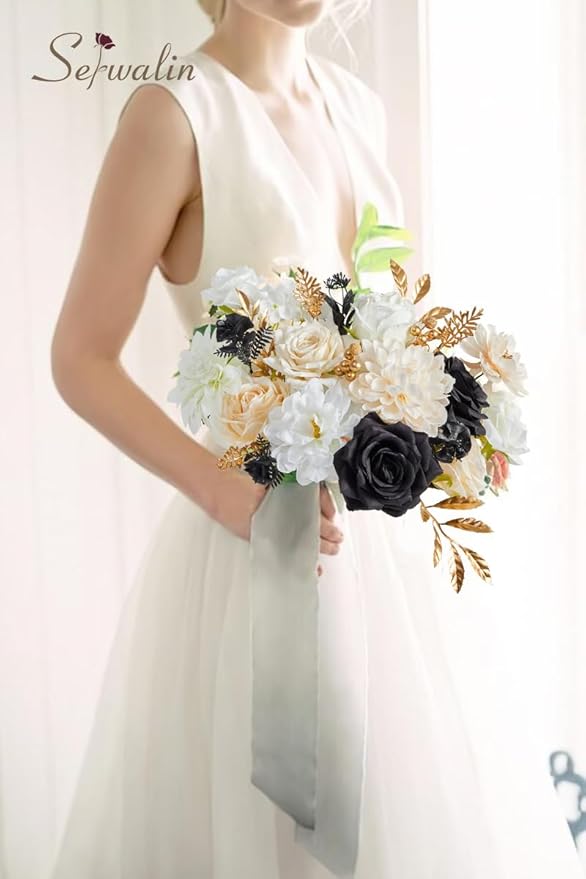 Serwalin Artificial White & Black & Champagne Flowers, Silk Fake Flowers for DIY Wedding Bouquets Cake Flowers, Table Centerpieces Baby Shower Birthday Party Home Decorations