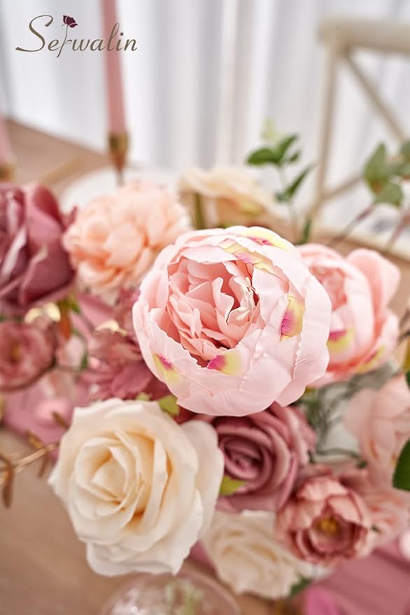 Serwalin Artificial Flowers Pink Wedding Cake Flowers, Fake Dusty Roses Peonies for Bouquets Table Centerpieces Wedding Home Decor, Baby Shower Party Flowers with Stems DIY Combo