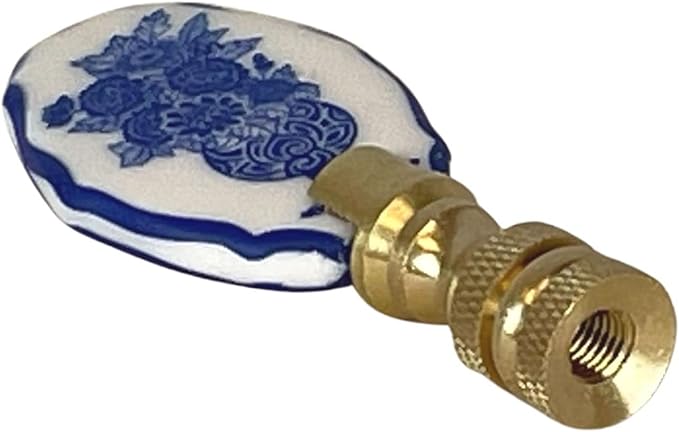 Royal Designs, Inc. Porcelain Oval Flowers Vase Design Finial for Lamp Shade, Polished Brass, Blue & White, Pack of 2