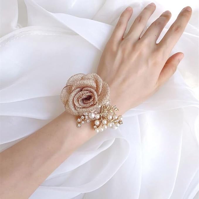 1PCS Wedding Wrist Flower,Bridesmaid Bride Wrist Flower Corsage Decoration Hand Flowers,Champagne Gold