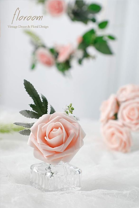 Floroom Artificial Flowers 25pcs Real Looking Blush Foam Fake Roses with Stems for DIY Wedding Bouquets Bridal Shower Centerpieces Party Decorations