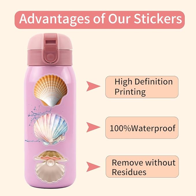 60 Pcs Holographic Seashell Stickers, Iridescent Conch Shell & Starfish Vinyl Decals, Waterproof Glittering Aesthetic Stickers for Scrapbooking, Journaling, Water Bottle, Laptop, Phone Case Decor