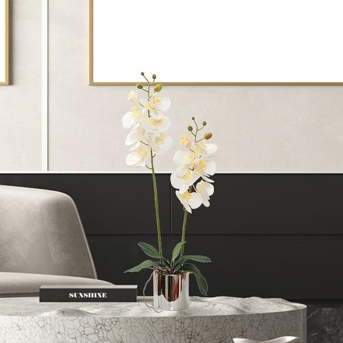 Artificial Orchid Flowers White Faux Orchids with Ceramic Vase Vivid Fake Phalaenopsis Flower Arrangement Gorgeous Artificial Plants for Office Desk Wedding Party Exhibition Center & Home Table Decor
