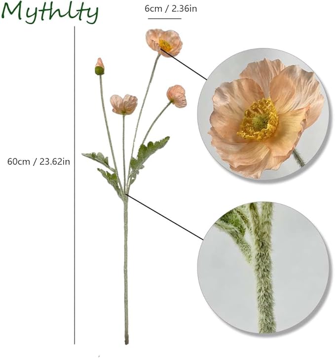 Set of 6 Poppies Flowers Artificial Silk Flowers with Long Stems Faux Wildflowers Bouquet for Vases Oil Pastel Style for Wedding Party Indoor Home Office Decor (Coral Pink)