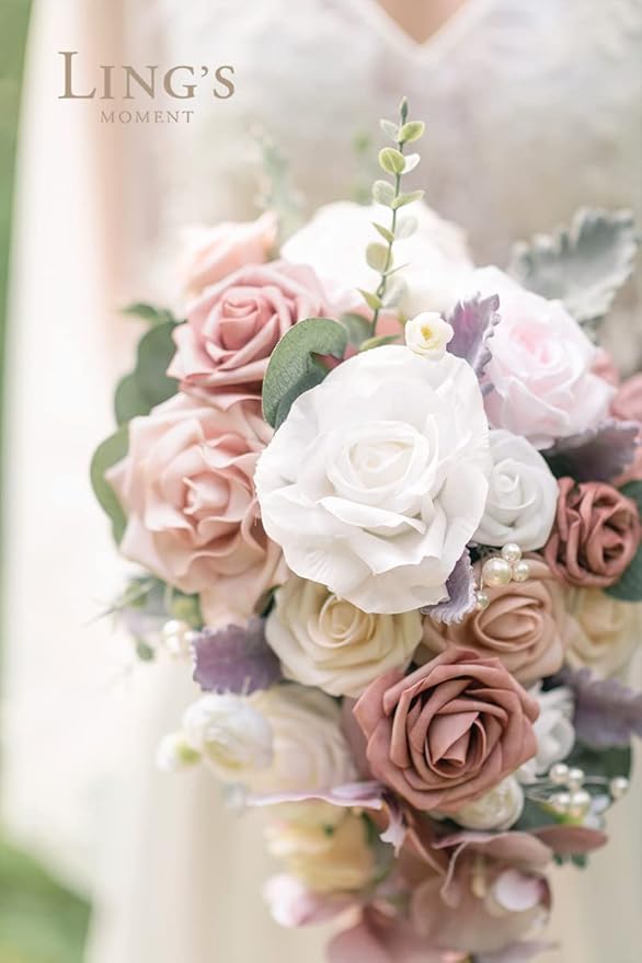 Ling's moment Artificial Flowers 50Pcs Dusty Rose Roses Decor w/Stems,3" Real Touch DIY Foam Floral for Wedding Bouquet/Centerpieces, Outdoors Party Backdrop, Room/Table, and Garden/Pot Decorations