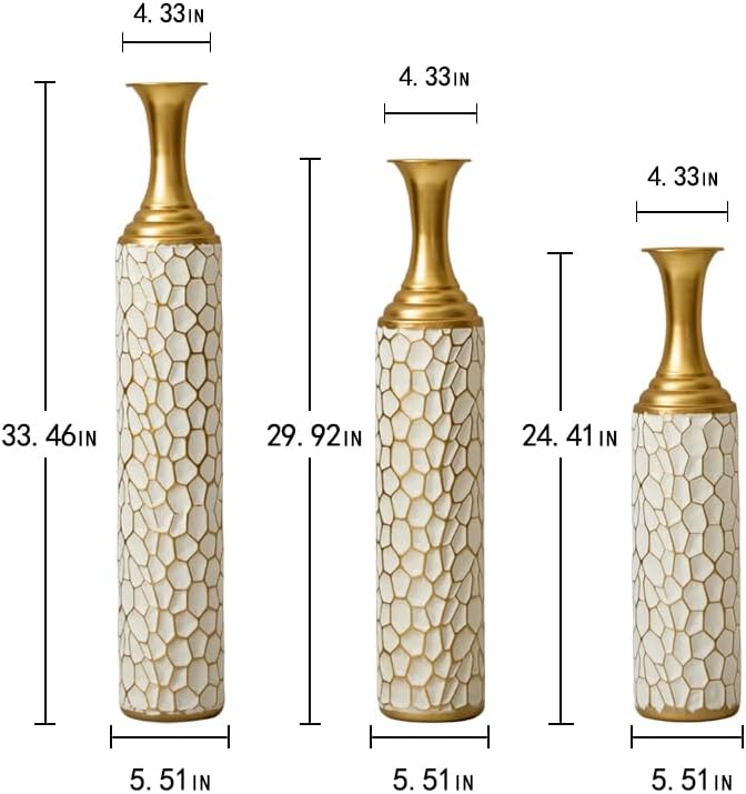 Floor Oversized Gold Metal Decorative Vase with 3D Triangle Pattern Set of 3 Large Vases for Home Living Room 33.5 ", 29.5 ", 25.2" High (Antique Gold+White)