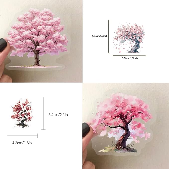 50 Pcs Carambola Tree Stickers, Pink Watercolor Cartoon Stickers, Transparent Waterproof Vinyl Stickers for Scrapbooking, Journaling, Laptop, Water Bottle, Phone Case Decoration for Her, Teen Girls