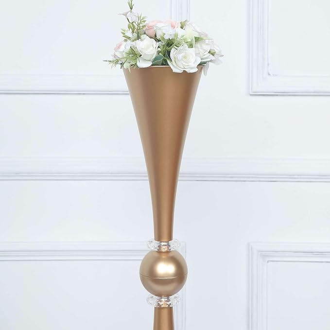 Efavormart 2 Pack | 27" Gold Crystal Embellishment Trumpet Table Centerpiece, Reversible Plastic Flower Vase