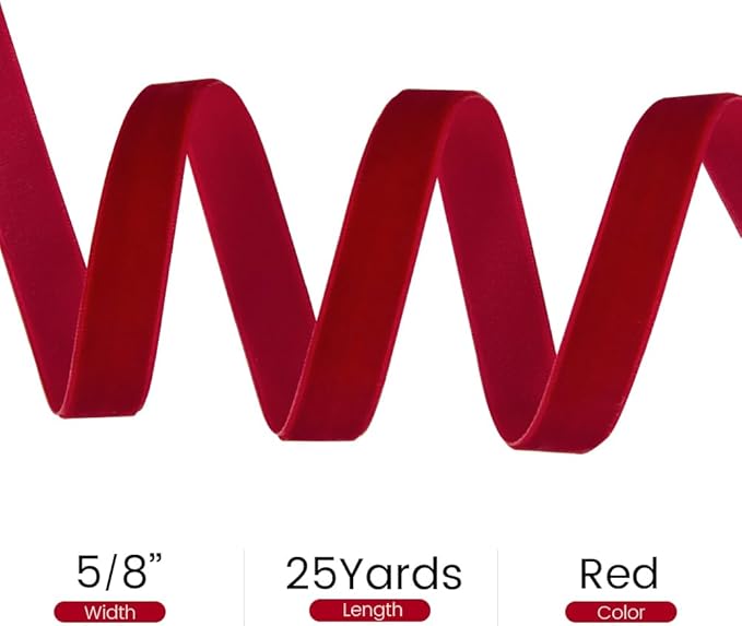 5/8" Wide x 25 Yards Velvet Ribbon, Vintage Single Face Velvet Ribbons for Gift Wrapping, Christmas Wrapping Bows, Wedding Decor, Sewing and More (Red)