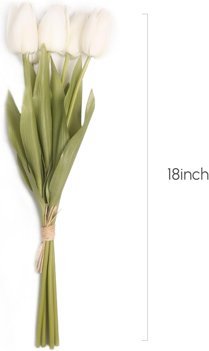 18in Artificial Tulips Flowers, 5 Pcs Real Touch Soft Latex Fake Tulip Flowers with Stems for Spring Bouquet Easter Wedding Floral Arrangement Home Party Office Kitchen Decor - White