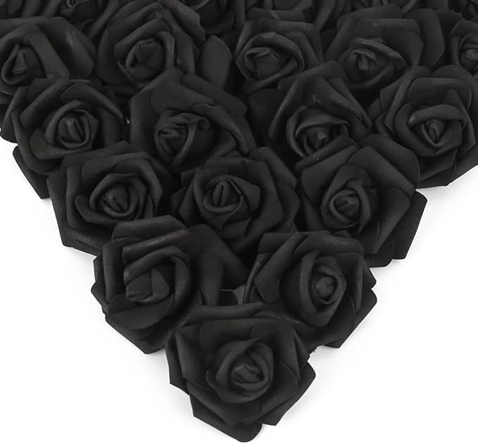 IPOPU Artificial Rose Flower Heads, 100 Pcs Real Looking Black Foam Fake Roses for DIY Wedding Baby Shower Centerpieces Arrangements Party Tables Home Decorations (Black, Stemless)
