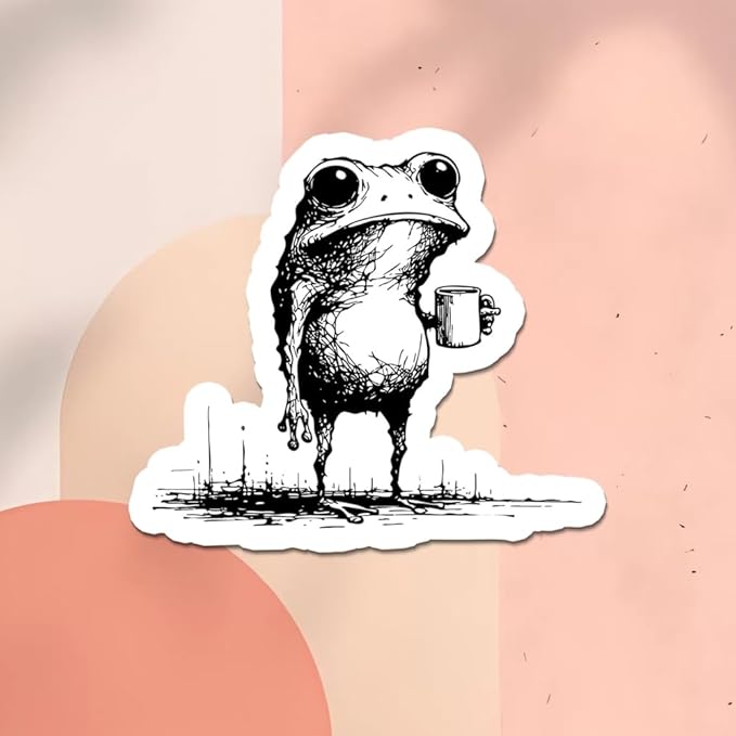 HANDICHI Design 5-Pack 5 Inch Funny Coffee Frog Stickers – Grunge Meme Vinyl Decals – Tired Frog Holding Coffee Cup Aesthetic Sticker Pack for Laptops, Water Bottles, Journals, and Scrapbooks
