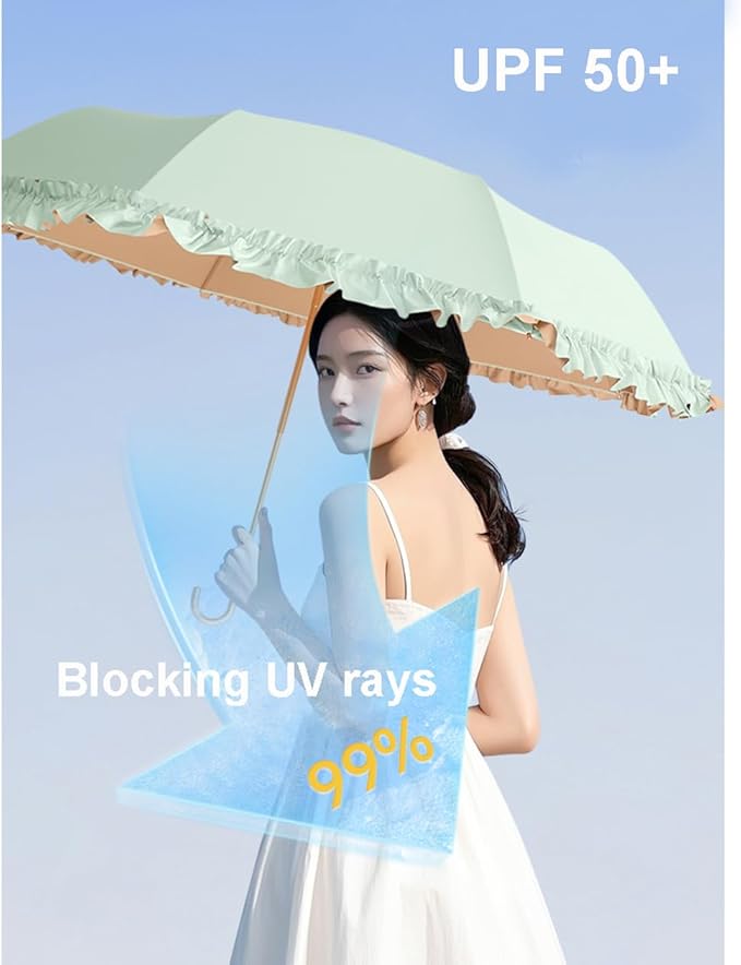 LCY Floral Edge Compact Umbrella Folding Anti-UV Parasol with Hook Handle Sunproof Rainproof & Windproof Umbrella