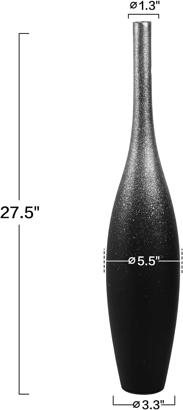 27.5" Tall Modern Floor Vase - Black with Silver Galaxy Ombre Finish - Resin Decorative Vases with Slim Neck & Weighted Base - Large Home Decor Vase for Living Room, Entryway