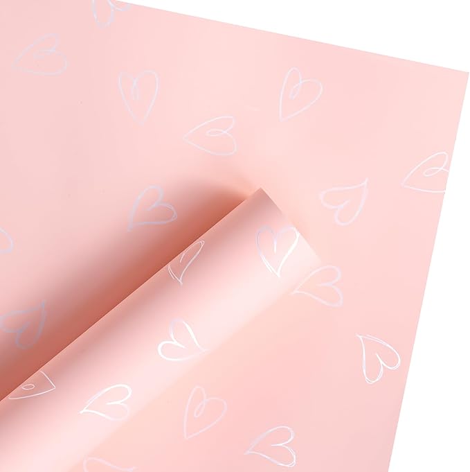 LeZakaa 20 Sheets Valentine Flower Wrapping Paper, Pink with White Heart Pattern Waterproof Floral Bouquet Paper, for Valentines, Mothers Day, Party, Romantic Birthday, Wedding, Anniversary