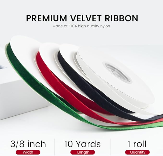 3/8" Wide x 10 Yards Velvet Ribbon, Vintage Single Face Velvet Ribbons for Gift Wrapping, Christmas Wrapping Bows, Wedding Decor, Sewing and More (Red)