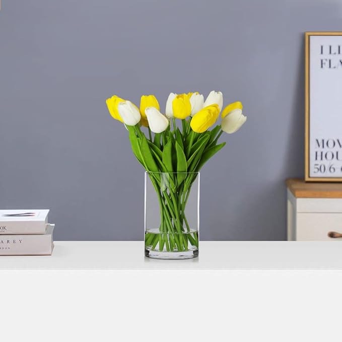 ENOVA FLORAL 20 Heads Real Touch Artificial Tulips Flowers in Vase, Mixed White and Yellow Tulips Fake Flowers with Vase and Faux Water for Home Wedding Decor, Dining Table (White Yellow)