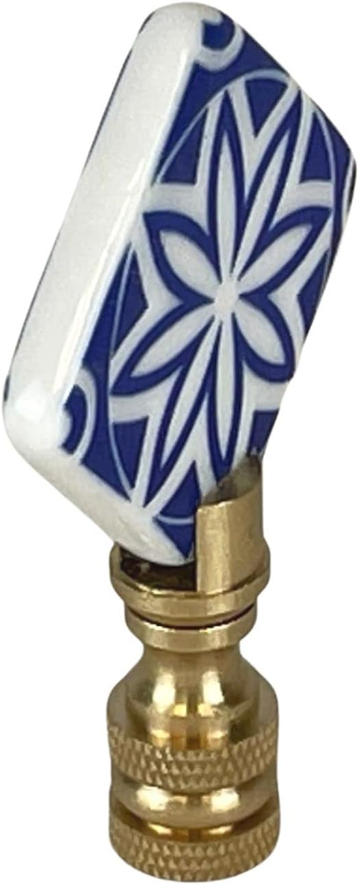 Royal Designs, Inc. Porcelain Mandala Flower Design Finial for Lamp Shade, Polished Brass, Blue & White, Pack of 2