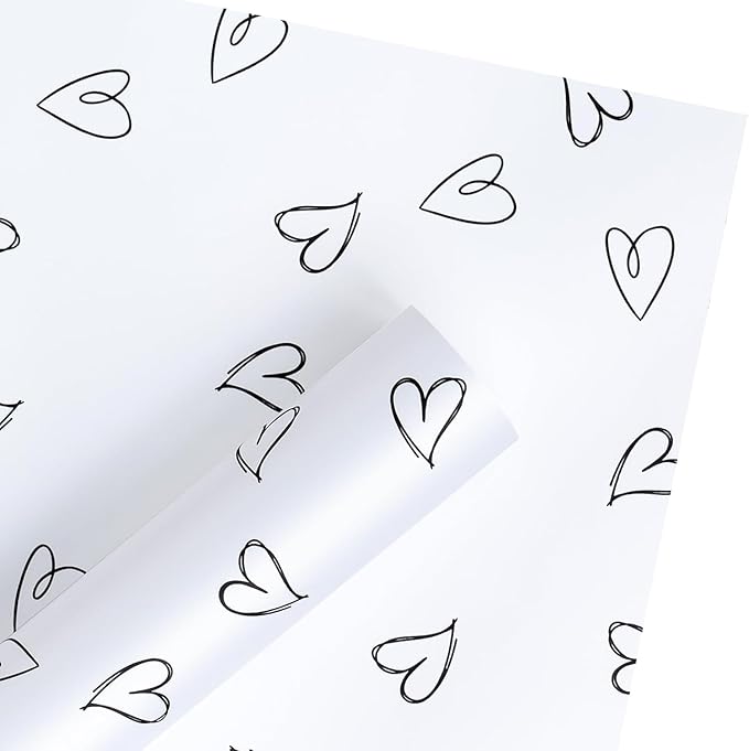 LeZakaa 20 Sheets Valentine Flower Wrapping Paper, White with Black Heart Pattern Waterproof Floral Bouquet Paper, for Valentines, Mothers Day, Party, Romantic Birthday, Wedding, Anniversary