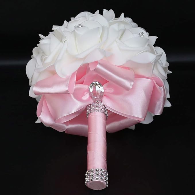 Wedding Bouquet, Pink Bouquet for Bride Bridesmaid with Diamond Soft Ribbons, Artificial Rose Bridal Holding Flowers for Party Church
