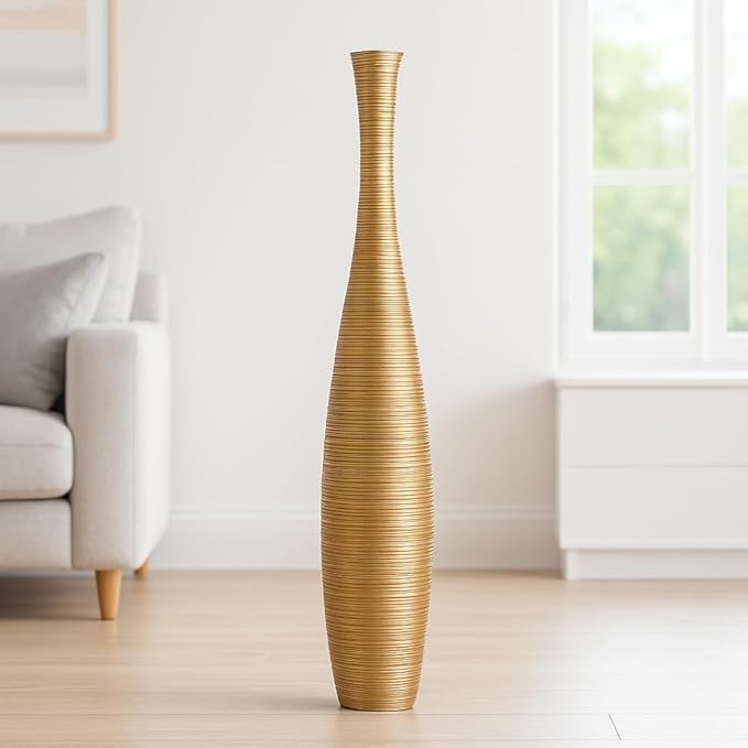 Leewadee Large Gold Home Decor Floor Vase - Wooden 26 inch Tall Farmhouse Decor Flower Holder for Fake Plant and Pampas Grass