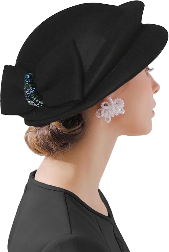 ORIDOOR Women Vintage 100% Wool Felt Flowers Bucket Cloche Bowler Hat Church Wedding Beret Hat