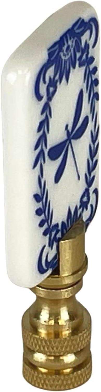Royal Designs, Inc. Blue/White/Black Porcelain Dragonfly Finial for Lamp Shade, Polished Brass