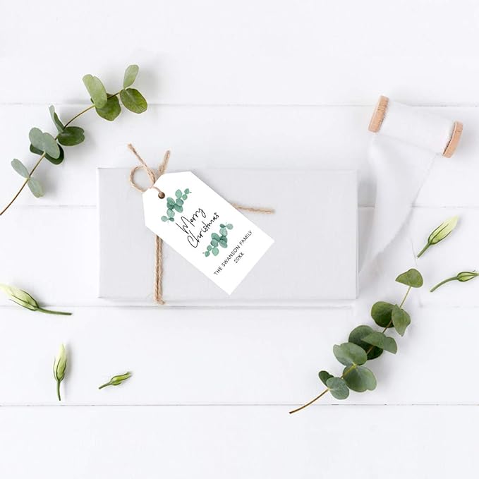 Andaz Press Personalized Christmas Holiday Season Classic Gift Tags, Merry Christmas Custom Family Name and Year, Eucalyptus Leaves Design, for Holiday Events, Parties, and Favors, 60-Pack