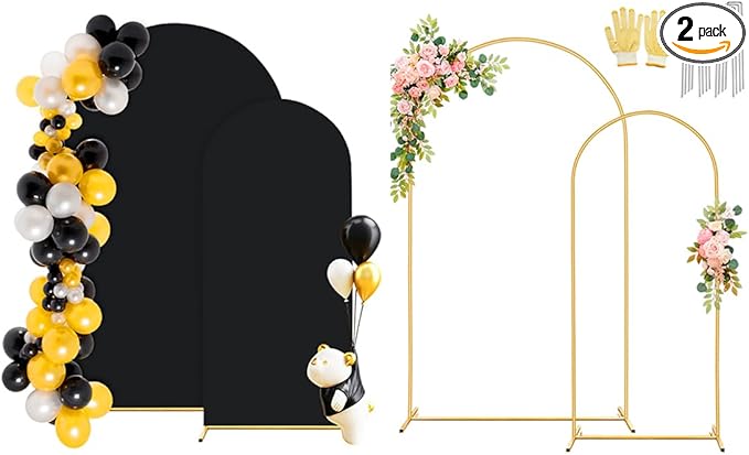 7.2FT, 6FT Arch Backdrop Stand with Cover Set of 2, Gold Metal Balloon Wedding Arch Frame with 8 Ground Stakes Stable for Outdoor Birthday Party Wedding Ceremony Bridal Baby Shower Decoration