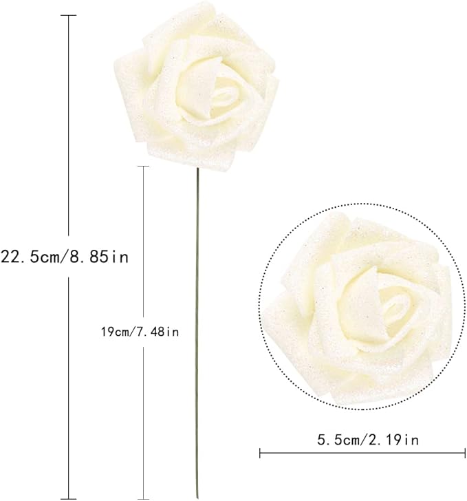 IPOPU Glitter Roses,50pcs Glitter Flowers Foam Rose with Stem for DIY Wedding Bridal Bouquet Home Party Christmas Decoration(Ivory)
