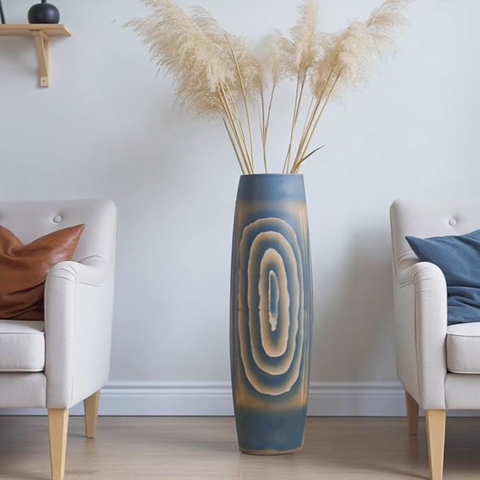 Tall Blue Floor Vase 31 inches, Handmade Large Ceramic Vases for Home Decor Living Room, Imitation Wood Grain Decorative Vases Wide Mouth Opening Corner Vase for Pampas Grass