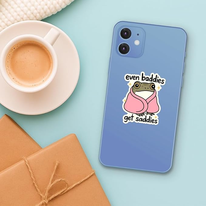 HANDICHI Design 5-Pack 4 Inch Even Baddies Get Saddies Frog Stickers – Funny Mental Health Vinyl Decal Set for Laptops, Water Bottles, Journals & Scrapbooks – Cute Baddie Sticker Pack