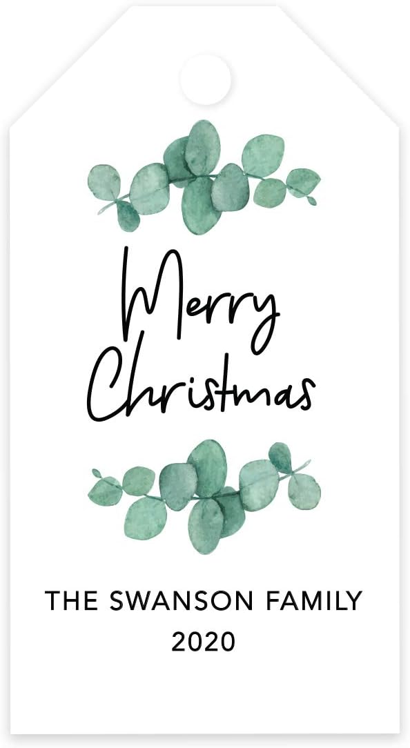 Andaz Press Personalized Christmas Holiday Season Classic Gift Tags, Merry Christmas Custom Family Name and Year, Eucalyptus Leaves Design, for Holiday Events, Parties, and Favors, 60-Pack