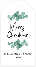 Andaz Press Personalized Christmas Holiday Season Classic Gift Tags, Merry Christmas Custom Family Name and Year, Eucalyptus Leaves Design, for Holiday Events, Parties, and Favors, 60-Pack