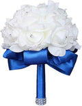 Wedding Bouquet, Royal Blue Bouquet for Bride Bridesmaid with Diamond Soft Ribbons, Artificial Rose Bridal Holding Flowers for Party Church