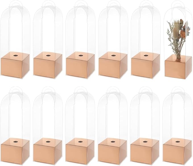 BENECREAT Single Rose Flower Box, 3.1 x 3.1 x 9.6Inch Clear Flower Packing Boxes, Gift Boxes for Graduation Wedding Birthday Floral Gift Floral Arrangement Supply, Rose Gold