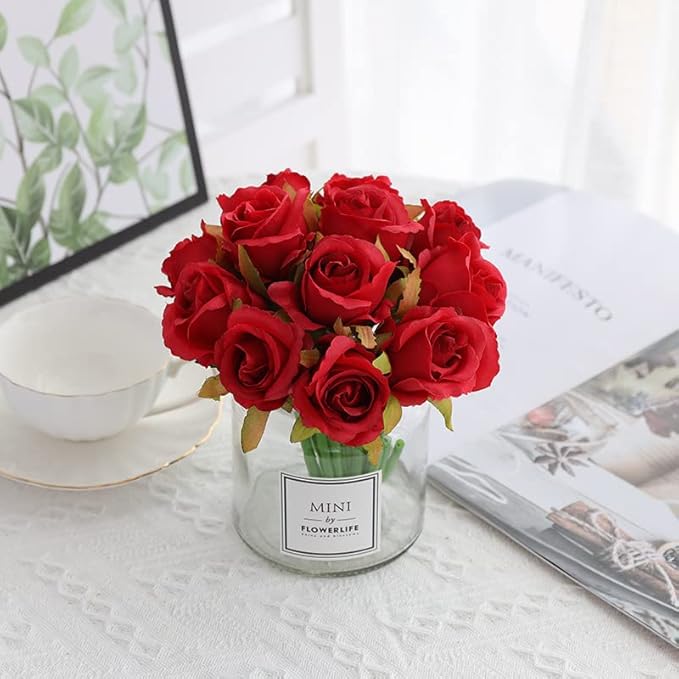 12pcs Artificial Roses Single Stem Fake Silk Flower Arrangement Bridal Bouquet Real Touch for Home Party Wedding Decoration Without Vase (Red)