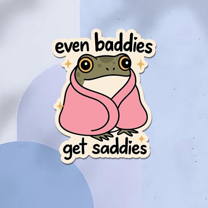 HANDICHI Design 5-Pack 3 Inch Even Baddies Get Saddies Frog Stickers – Funny Mental Health Vinyl Decal Set for Laptops, Water Bottles, Journals & Scrapbooks – Cute Baddie Sticker Pack