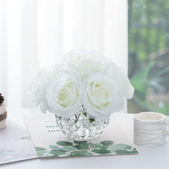 7 Large Stem Rose Artificial Flowers in Vase, Silk Flowers Arrangement in Round Glass Vase Without Water for Home Decor, Wedding Table (Cream)