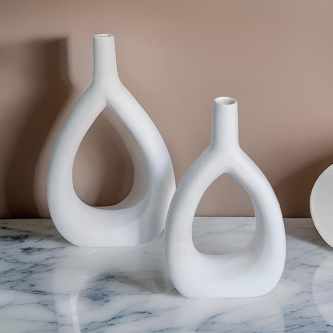 Ajuny Oval Vase Set of 2 – White Ceramic Decorative Vases, Farmhouse Style Modern Accent for Wall Decor, Bedroom, Living Room, Coffee Table, Office